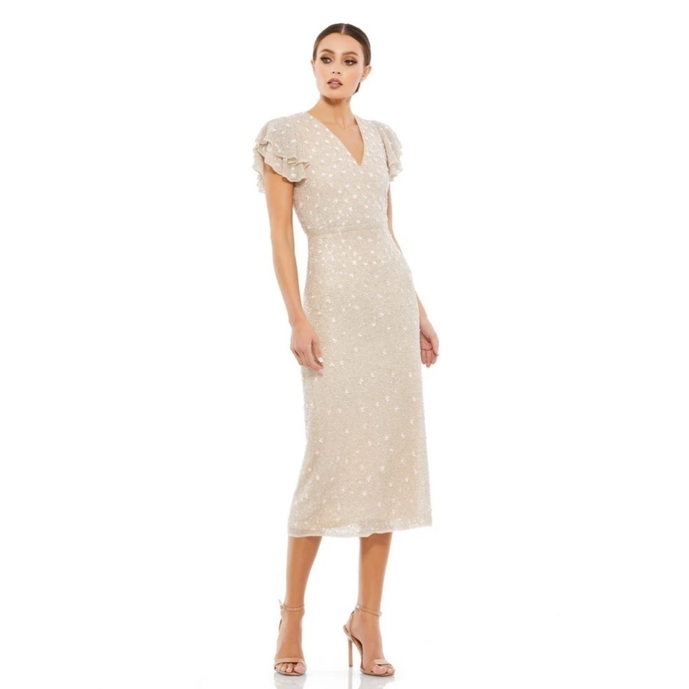 * Flawed Mac Duggal 10810 NWT EMBELLISHED RUFFLE CAP SLEEVE V-NECK MIDI DRESS
